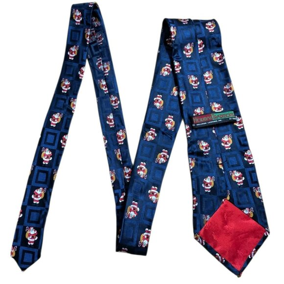 Vintage Santa Claus Silk Neck Tie Navy Blue Toy Sack Candy Cane Squares Hallmark - Picture 6 of 7